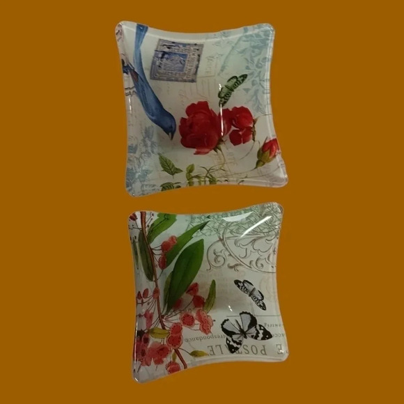 Set of 2 Paris floral bird & stamp s small glass bowl - Picture 2 of 7